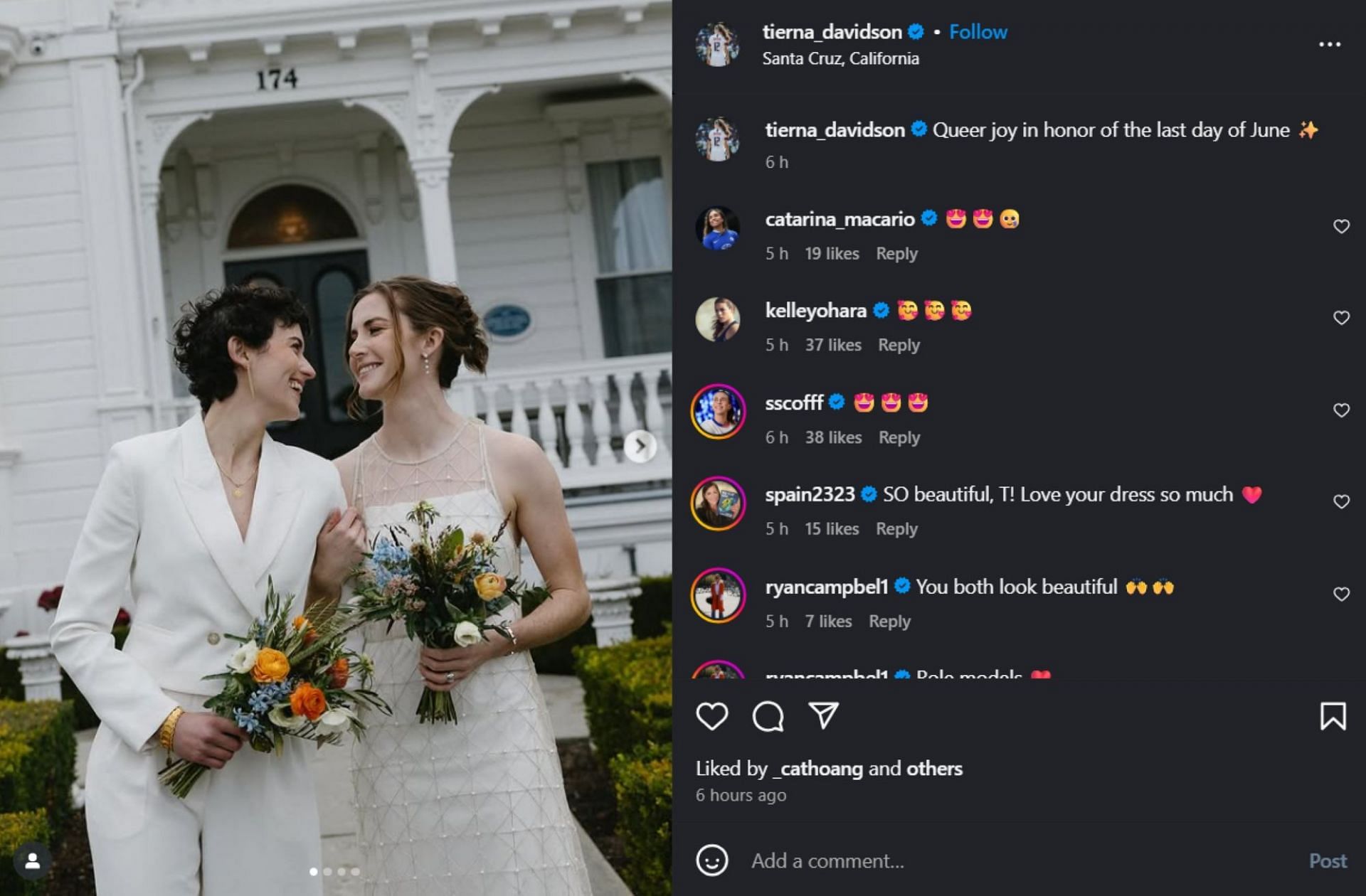 Kelley O'Hara, Sam Coffey and Catarina Macario comments on Tierna Davidson's post; Instagram - @tierna_davidson